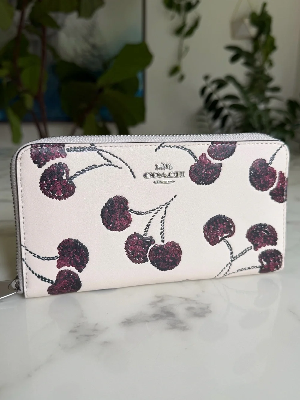 NWT Coach Long Zip Around Wallet With Cherry Print Chalk Leather CDE92